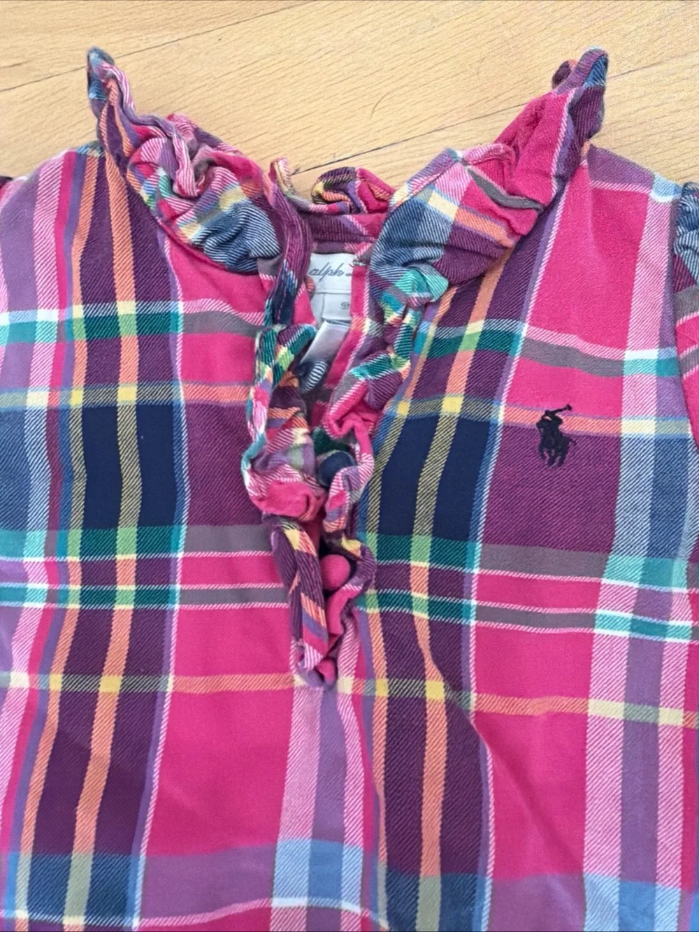 Ralph Lauren Baby Madras Plaid Dress Ruffle 9 Months Pink Preppy Cotton